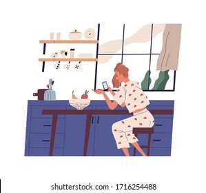 Young woman sitting in the kitchen and surfing internet. Girl in pajama chatting on smartphone. Stay home. Freelancer lifestyle concept. Vector illustration in flat cartoon style