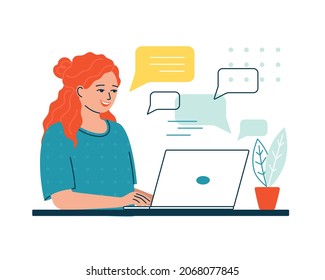 Young woman is sitting with a laptop and is chatting. Online customer support service concept, personal assistant, consultant. Communication in social networks. Isolated vector illustration