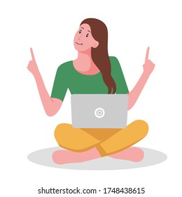 young woman sitting with a laptop happily. businesswoman or entrepreneur character. vector illustration flat design.