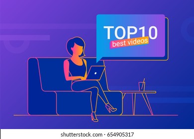 Young woman sitting with laptop at home. Modern line vector illustration of student watching video or creative ideas online. Gradient banner of people learning and studying with copy space for brand