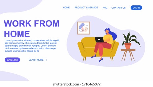 Young woman is sitting with laptop on the sofa at home. Working on a computer. Flat design concept of working from home for website and landing page template