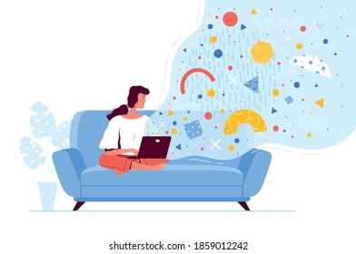 Young woman is sitting with a laptop on the couch and with flying abstract shapes. Concept of mobility, remote work, internet accessibility and modern media