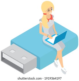 Young woman sitting with laptop on flash drive study online via Internet with help of computer. Digital data warehouse, large amount of information. Businesswoman working with innovation technologies