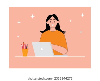 Young woman sitting with laptop, pencil and case studying virtual at home, learning education school. Character design. Vector flat illustration