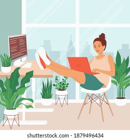 Young woman is sitting with a laptop in a room with a large window. Concept for remote work, freelancing, teaching, e-learning, from home office, workplace with indoor plants. Cozy vector illustration