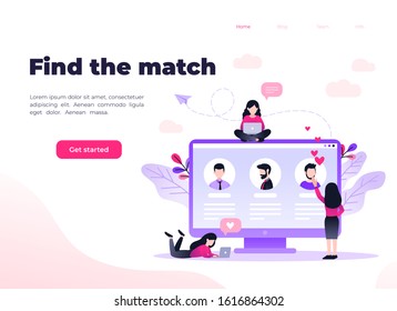 Young Woman Sitting at Laptop Searching for Love Partner on Dating Web Site, Virtual Reality Human Relations, Girls Chatting Online with Different Men, Communication, Cartoon Flat Vector Illustration