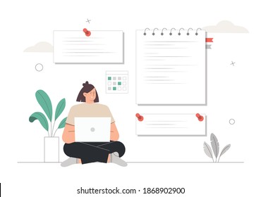 Young woman sitting with a laptop and taking notes. Large abstract notes on the wall, flowers and abstract elements. The concept of successful completion of tasks, daily planning and time management.