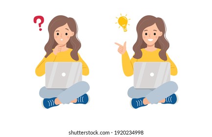 Young woman sitting with laptop thinking of a problem and showing gesture of an idea. Flat vector cartoon design