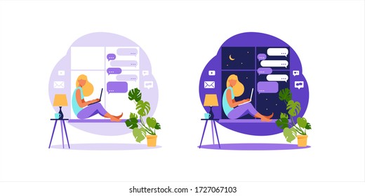 Young woman sitting with laptop at window. Day and night working on a computer. Freelance, online education or social media concept. Freelance or studying concept. Flat style vector illustration.