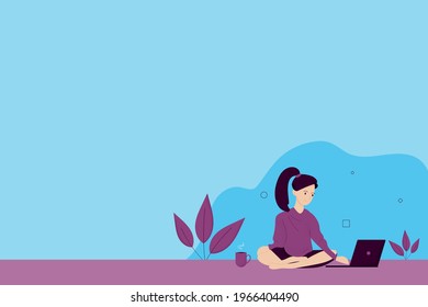 Young woman sitting with legs crossed working at the laptop, freelance concept. Web banner