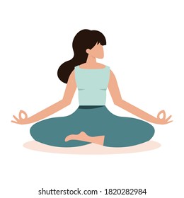 Young woman sitting in lotos pose, home yoga. Positive think creative concept. Ceep calm concept. Vector illustration