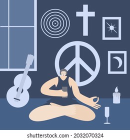 Young woman sitting lotus and chatting on phone in room. Be yourself concept. Various items interior. Glass of champagne and candle on floor. Guitar is by window. Vector illustration