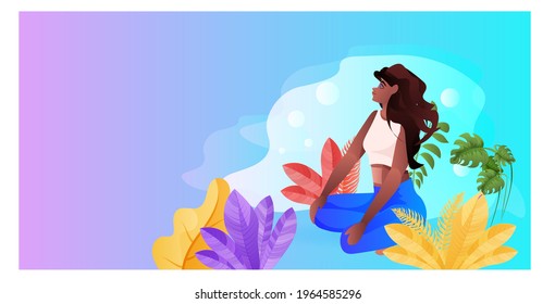 young woman sitting lotus pose african american girl doing yoga exercises healthy lifestyle meditation concept