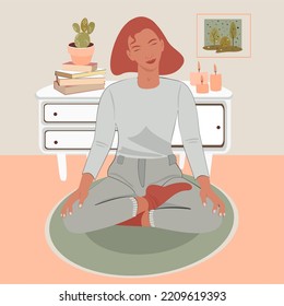 Young woman sitting in lotus pose and practice deep breathing or Yoga. Breath Awareness Exercise. Vector Flat Illustration.