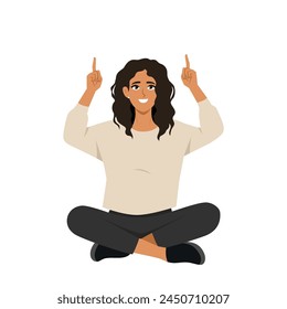 Young woman sitting lotus pose on the floor and pointing index fingers up. Flat vector illustration isolated on white background