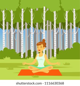 Young woman sitting in lotus position and meditating on a rug on nature background, flat vector illustration