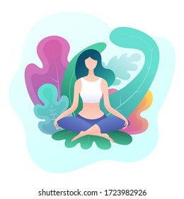 Young woman sitting in a lotus position surrounded by leaves. Meditation and relaxation poster. Colorful vector illustration. 