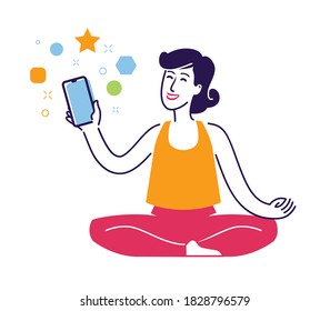Young woman sitting in lotus position with smartphone in hand. Internet, web application symbol