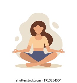Young woman sitting in lotus position practicing meditation. Concept illustration for meditation, yoga, healthy lifestyle, relax, recreation. 