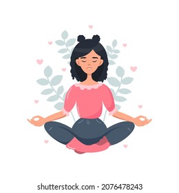 A young woman is sitting in the lotus position. Yoga classes, meditation, breath control, relaxation. Vector illustration