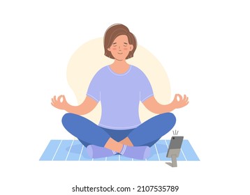 Young woman is sitting in lotus position and meditating.  Concept of online training. View online classes on your phone.  Flat vector illustration.