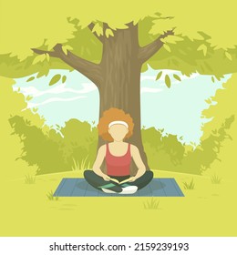 Young woman sitting in a lotus position with a book in nature. Reading, studying, relaxing. Lush greenery in the background. Vector illustration.