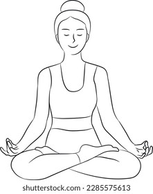 Young woman is sitting in lotus position with closed eyes and smile