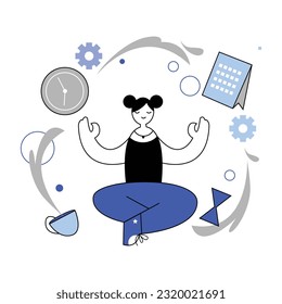 Young woman sitting in lotus position, organizing time. Good business process. Lady doing different tasks and activities. Time management efficiency. Flat vector illustration in blue colors