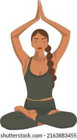 Young woman sitting in lotus posture and practice deep meditation and breathing yoga. Psycologically Awareness Exercise. Vector Flat Illustration.