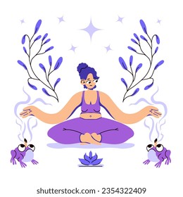 A young woman sitting in lotus posture practicing meditation. Concept of aromatherapy, meditation and harmony. Hand drawn vector illustration, cartoon character in flat style. Vector illustration.