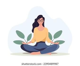 Young woman sitting in lotus yoga pose and doing relaxing yoga exercise around tropical plants, flat illustration in vector