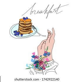 Young woman sitting at lunch table in cafe. Her hands in long sleeves with flowers.  Blackberry pancakes on plate vector graphics set line art doodle