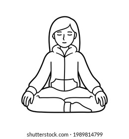 Young woman sitting in meditation in comfortable home clothes. Simple black and white line art drawing, vector illustration.