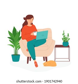 Young woman is sitting with a mug of tea and a laptop in a chair. Remote work from home concept, freelance, distance education, courses, teaching, online shopping. Isolated vector illustration.