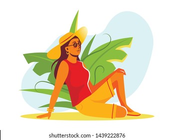 Young woman are sitting near big tropical leaves. Concept of traveling, voyage, summer vacation. Colorful vector illustration isolated on white 