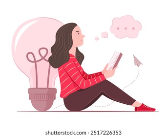 Young Woman Sitting Near Big Light Bulb Symbol for Reading a Book and Thinking Creative Idea Concept Illustration