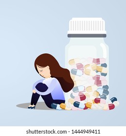 Young woman sitting near pill bottles with a lot of pill his depressed from taking medicine. vector, illustration