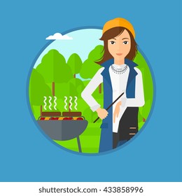 A young woman sitting next to barbecue grill in the park. Woman cooking meat on the barbecue grill. Woman having a barbecue party. Vector flat design illustration in the circle isolated on background.