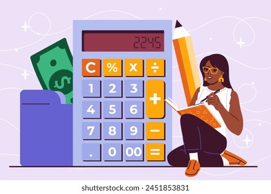 A young woman sitting next to a giant calculator with a pencil and notebook, on a whimsical purple background, concept of finance planning. Flat vector illustration