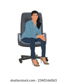 Young woman sitting in office arm chair. Business lady in modern smart casual outfit, jeans and high heels. Vector realistic illustration isolated on white background