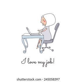 Young woman sitting in the office chair at table with laptop. Funny cartoon hand drawn illustration.