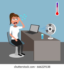 young woman sitting in office and sweating in hot weather with fan on her desk funny vector illustration