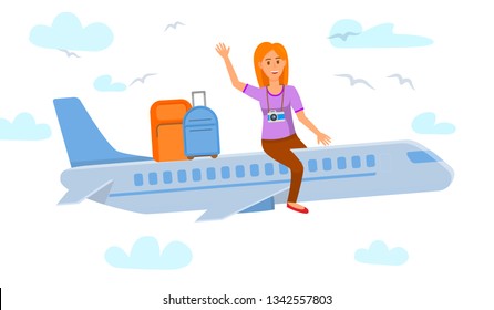 Young Woman Sitting on Airplane Flat Illustration. Lady Waving Hi Vector Drawing. Female Student, Teenager Going on Vacation. Boeing in Sky Cartoon Drawing. Tourist with Camera. Suitcases, Luggage