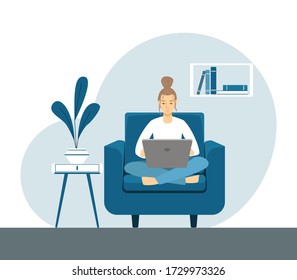 Young woman sitting on the armchair with laptop. Minimalist flat vector illustration in blue colors.  Concept for freelance, remote work, education, studying. 