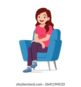 Young Woman Sitting on Armchair, Relaxing with Happy Expression in a Cartoon Style