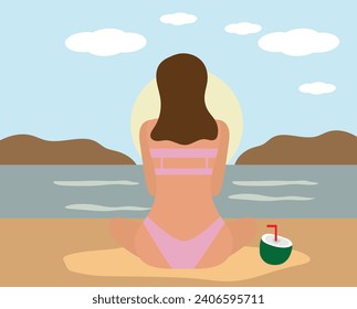 Young woman sitting on beach site in summer and enjoying sea view with drinking coconut water. Flat vector illustration.
