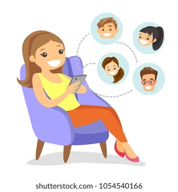 Young woman sitting on a bench and using a tablet computer with network avatar icons above. Woman surfing in the social network. Social network concept. Vector cartoon illustration. Square layout.