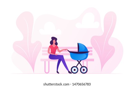 Young Woman Sitting on Bench with Baby Stroller Lulling Child in City Park. Mother Walking with Newborn Kid Spending Time Outdoors Having Leisure. Maternity Childhood Cartoon Flat Vector Illustration