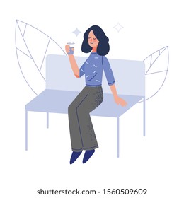 Young Woman Sitting on Bench and Drinking Fresh Clean Water from Bottle Vector Illustration