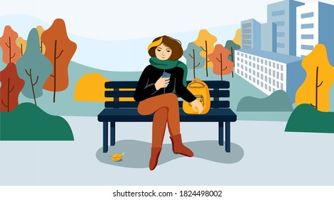 Young woman sitting on bench with phone in her hand. Freelance lifestyle. Flat style vector illustration.